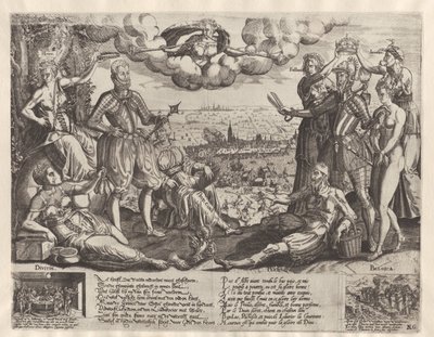 Confronto tra Orange e Alva, con sullo sfondo la Furia Spagnola, ca. 1577 da Theodor de Bry (attributed to)