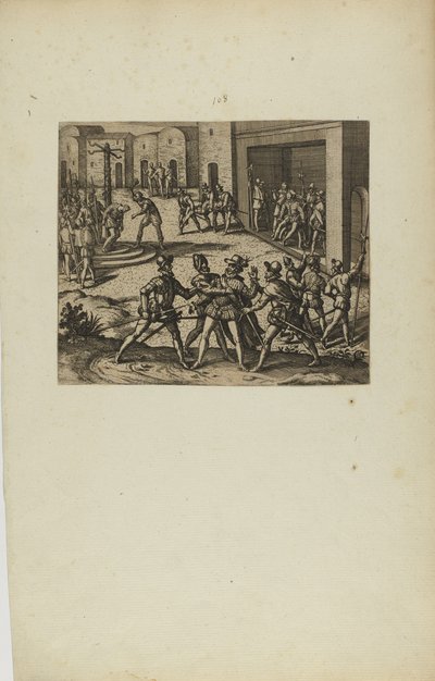 (Jacobus Almagrus a Ferdinando Pizarro Invincula Coniicitur in Carcere....) (dal libro Americae, parte sesta) da Theodor de Bry