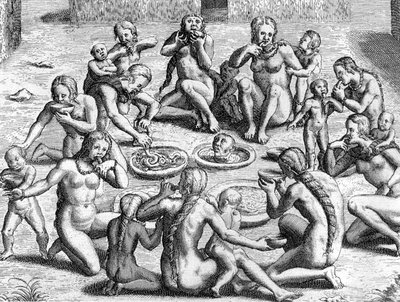 Un brodo è fatto dalle interiora: cannibalismo da parte degli indiani nel Nuovo Mondo (Amazzonia), incisione di Theodore de Bry per il libro 