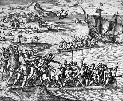 Un attacco degli indiani, La Herradura pubblicato nel 1930 (incisione) da Theodor de Bry