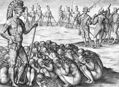 Prigionieri indiani saturiwa dagli indiani potano da Theodor de Bry