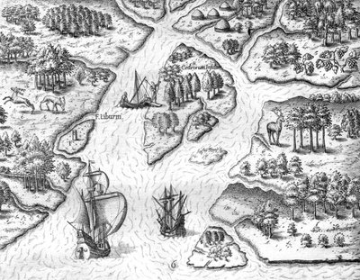 Jean Ribault erige una colonna con le armi del Re di Francia a Charlesfort da Theodor de Bry