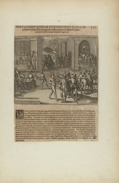 Mercatores Quidam cum Deessent Illis Cibi/Quibus Vescerentur in.... (dal libro Americae, parte quinta) da Theodor de Bry
