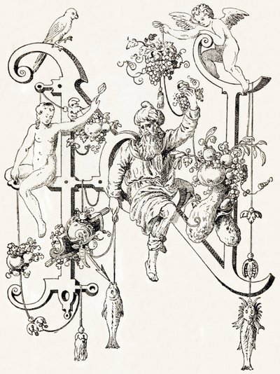 N - El sabio Natham - Alfabeto di T. de Bry (nuovo alfabeto artistico) da Theodor de Bry