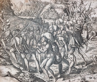 Indigeni imbarcati su navi per essere portati in schiavitù a Siviglia, incisione di Theodor de Bry, Antille da Theodor de Bry