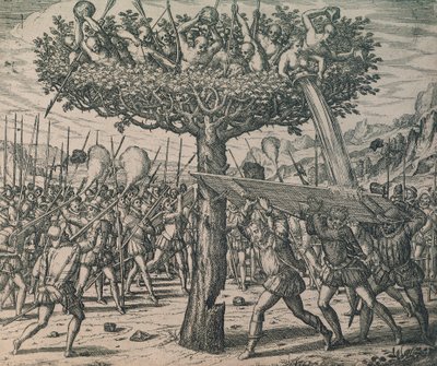 Indigeni nascosti tra gli alberi che combattono contro i conquistatori da Theodor de Bry