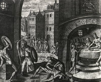 Sacerdote uccide vittima di finta lotta e poi scuoia il corpo, Messico, incisione da Peregrinationes da Theodor de Bry