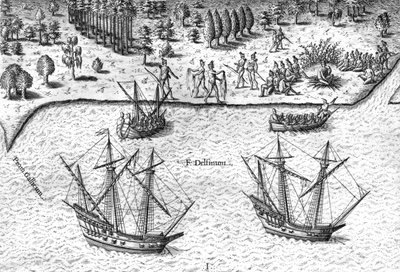 I francesi sbarcano sulla costa della Florida da Theodor de Bry