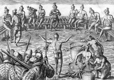 Indiano Timucua con esploratori francesi da Theodor de Bry