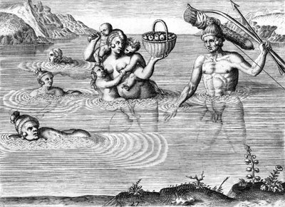 Famiglia di indiani Timucuan che attraversa un fiume da Theodor de Bry