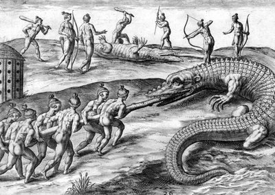Indiani Timucua che cacciano alligatori da Theodor de Bry