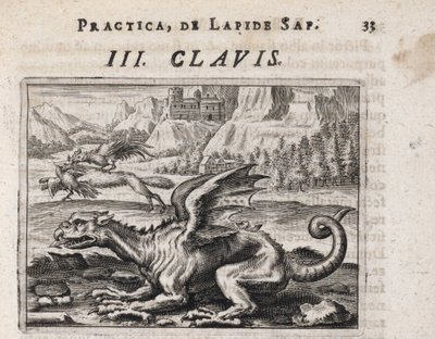 Un drago, sullo sfondo, un lupo ladro di galline, attaccato da un gallo da Theodor de Bry