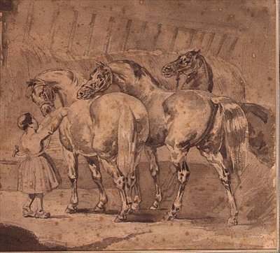 Bambina che dà da mangiare ai cavalli in una stalla da Theodore (attr. to) Gericault