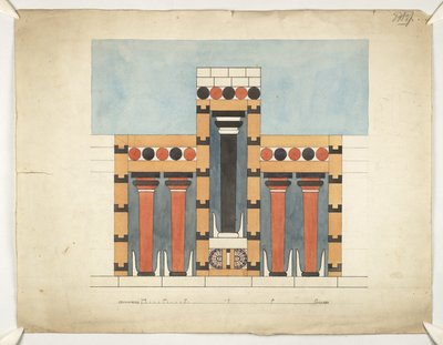 Dipinto che reimmagina il Santuario Tri-partito Centrale nel Cortile Centrale del Palazzo di Minosse a Cnosso (Piani Architettonici di Evans WW/15) da Theodore Fyfe