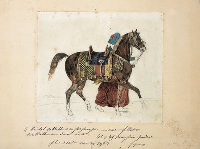 Un cavallo bardato condotto da un mamelucco, due piramidi sullo sfondo da Theodore Gericault