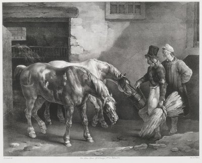 Due cavalli da posta davanti alla porta di una scuderia (Two Post-Horses at a Stable Door) da Theodore Gericault