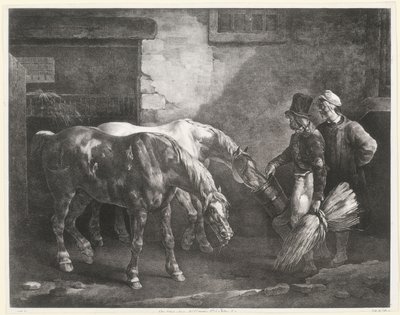 Due cavalli da posta davanti alla porta di una scuderia (Two Post-Horses at a Stable Door) da Theodore Gericault