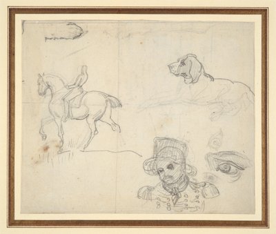 Pagina di schizzi (cavaliere, cane, testa di soldato) da Theodore Gericault