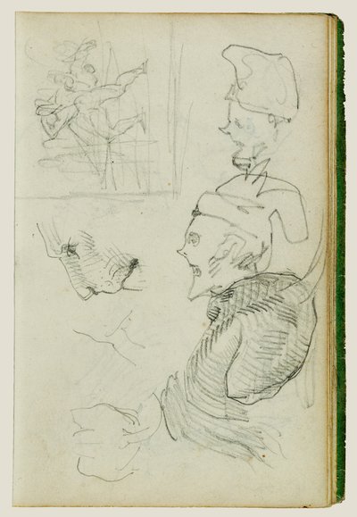 Studi di leone, studio di figura di gruppo compositivo, due studi di testa caricaturale da Theodore Gericault