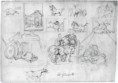 Studio di cavalli (fronte); Un carro seguito da un portatore di cartello (retro) da Theodore Gericault