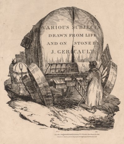 Vari soggetti disegnati dal vivo e su pietra: un carro con cavalli imbrigliati da Theodore Gericault