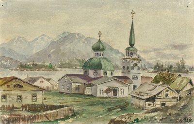 Vista posteriore della chiesa greca, Sitka, 1888 da Theodore J. Richardson