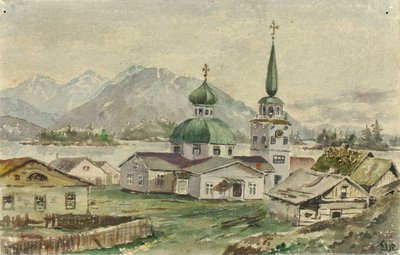 Vista posteriore della chiesa greca, Sitka, 1888 da Theodore J. Richardson