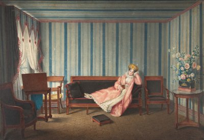 Donna in rosa sdraiata su un canapé, 1819 da Theodore Lebrun