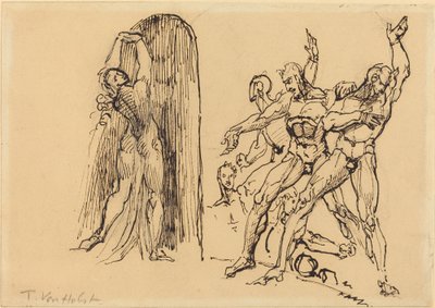 Cinque nudi maschili che gesticolano mentre una donna nuda entra in un portale da Theodore M. von Holst