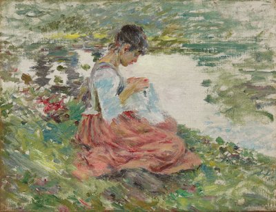 Ragazza che cuce vicino al fiume, c.1891 da Theodore Robinson