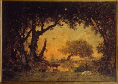 Uscita dalla foresta a Fontainebleau, tramonto da Pierre Etienne Theodore Rousseau