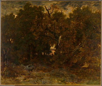 Lasciando la foresta, Fontainebleau: tramonto da Theodore Rousseau