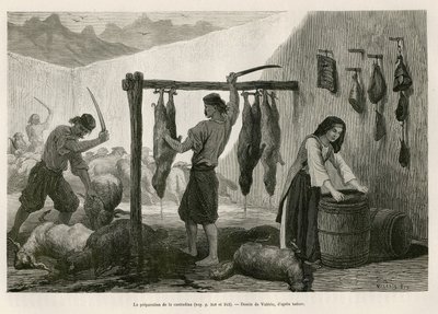 La preparazione della castradina, specialità di carne di pecora e capra salata e affumicata, verso la fine di ottobre, in Dalmazia (Istria e Erzegovina (Croazia)), disegno di Valerio, per illustrare il viaggio in Montenegro, nel 1874, di Charles Yriarte. da Theodore Valerio