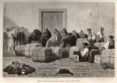 Quando le carovane turche arrivano alla dogana di Sebenico (Serbia), i viaggiatori commerciali scaricano le balle dal dorso dei loro cammelli per verificare la quantità e la natura delle merci. Incisione dopo il disegno di Theodore Valerio, per illustrare  da Theodore Valerio