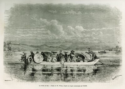 Una barca sul fiume di Hue (Vietnam), disegno di Th. Weber, per illustrare la storia di otto giorni di ambasciata a Hue (Regno di Annam), nel 1875, di Mr. Brossard de Corbigny, tenente (N), allegato alla missione. Incisione in Le tour du monde. da Theodore Weber