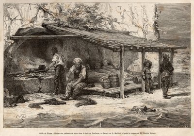 Un rifugio per la pesca del tonno nella baia di Proelucca, Golfo di Fiume (o Rijeka, Istria), tre pescatori stanno ancora dormendo, avvolti in coperte, un altro si equipaggerà e sostituirà la vedetta, un altro preparerà la cucina e il muschio vaga ai piedi da Theodore Weber