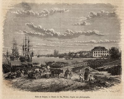 La rada di Saigon, incisione da un disegno di T. Weber, illustrando il viaggio in Cocincina, del Dottor Morice, nel 1872, pubblicato in 