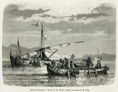 Pescatori di spugne nel Golfo di Nafplio, disegno di Th. Weber, per illustrare la storia di un viaggio in Grecia nel 1861, 1868 e 1874, di Henri Belle. Incisione in Le tour du monde. da Theodore Weber