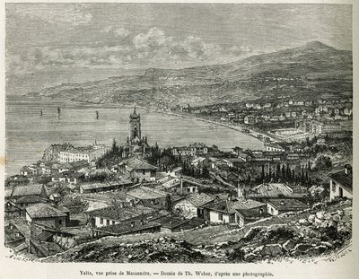 La città di Yalta, vista da Massandra, disegno di Th.Weber, per illustrare la storia Quattro mesi in Russia, nel 1876, di F. De Mely. Incisione in Le tour du monde da Theodore Weber