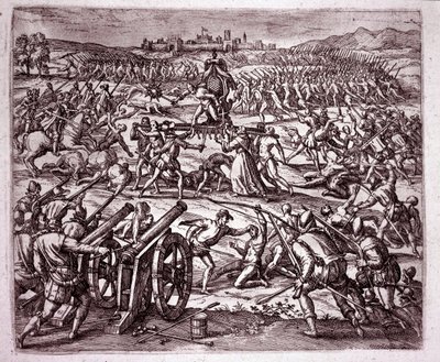 Un monaco domenicano, sentendosi deriso dal re inca Atahualpa, incoraggia Francisco Pizarro a vendicarsi da Theodore de Bry