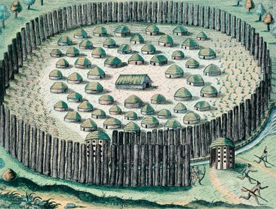 Villaggio indiano fortificato, illustrazione da The Discourse of Florida di Theodore de Bry da Theodore de Bry