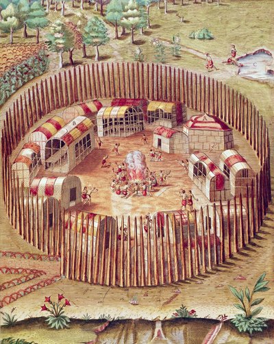 Villaggio fortificato indiano di Pomeiok da Theodore de Bry