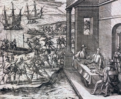 Accordo tra Francisco Pizarro, Diego de Almagro e Hernando de Luque per esplorare e sfruttare il Perù da Theodore de Bry