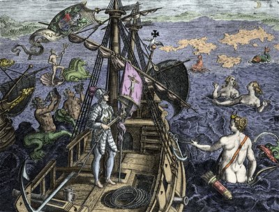 Allegoria dei viaggi di Cristoforo Colombo (1451-1506), incisione da 