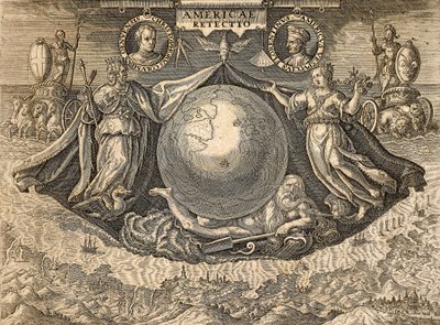 Allegoria delle Indie Occidentali o Americhe, con ritratti dei navigatori Cristoforo Colombo e Amerigo Vespucci da Theodore de Bry