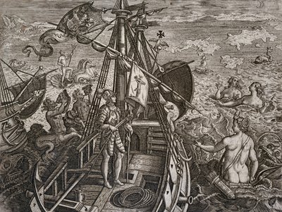Allegoria del viaggio di Cristoforo Colombo alla scoperta del Nuovo Mondo, incisione di Theodor de Bry (1528-1598) da Theodore de Bry