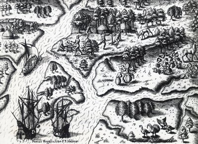 Arrivo dei francesi a Port Royal nel 1564, incisione da Theodore de Bry