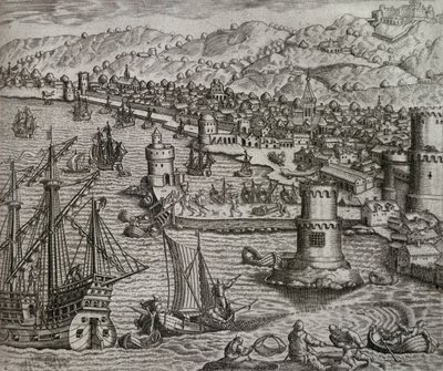 Arrivo di Girolamo Benzoni nel porto di Las Palmas durante il suo viaggio nelle Americhe, incisione di Theodor de Bry da Theodore de Bry