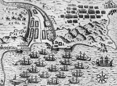 Attacco a Santiago il 27 novembre 1585 (incisione) da Theodore de Bry