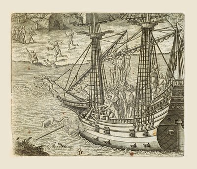 Bartolomeo Diaz impicca alcuni indiani su una caravella, incisione di Theodor de Bry (1528-1598) da Americae pars quarta, sive, Insignis et admiranda historia de reperta primum Occidentali India Christophoro Columbo, di Girolamo Benzoni da Theodore de Bry
